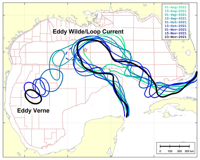 LC activity over a 4-month period showing Eddy Verne’s southwestward migration and the ongoing interaction between the LC and Eddy Wilde.